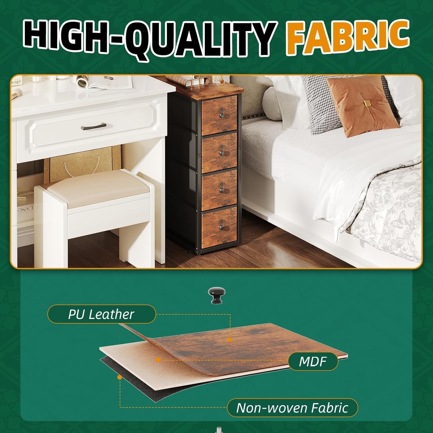Tall Slim 5 Drawer Storage Cabinet Wood Top Narrow Bedroom Hallway Brown