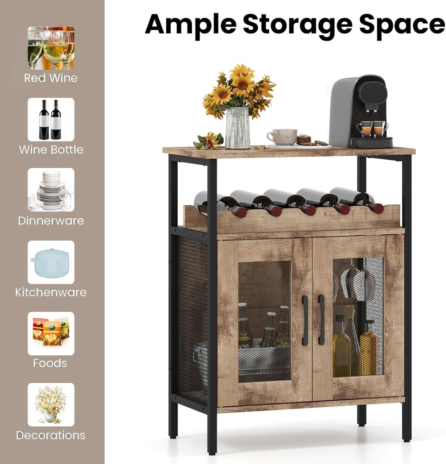 Grey Wash Wine Bar Cabinet with Glass Holder & Bottle Rack Freestanding