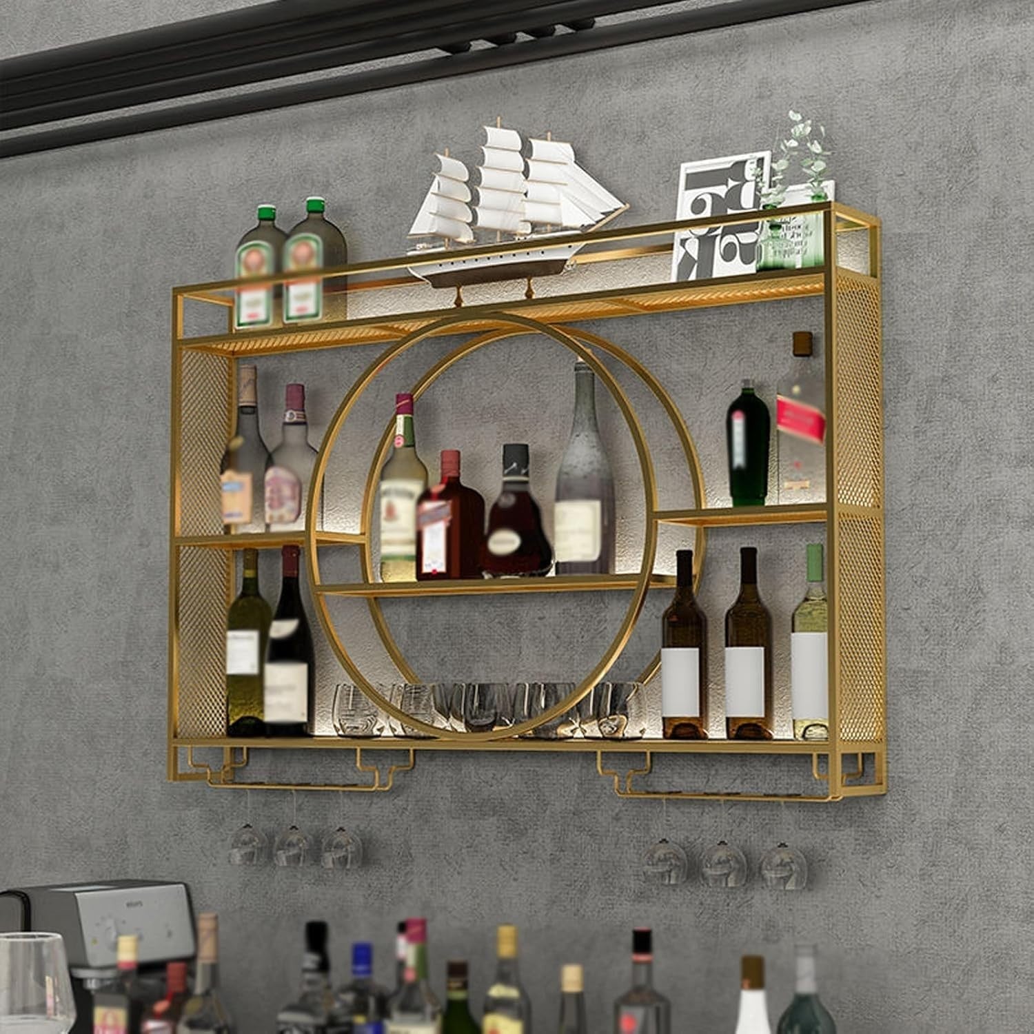 Wall Mounted Wine Rack Gold 100cm Bar Shelf with Glass Holders & Bottle Storage