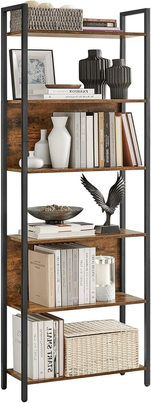 6 Tier Industrial Bookcase Rustic Brown Shelf Tall Storage Unit 60x24x186cm