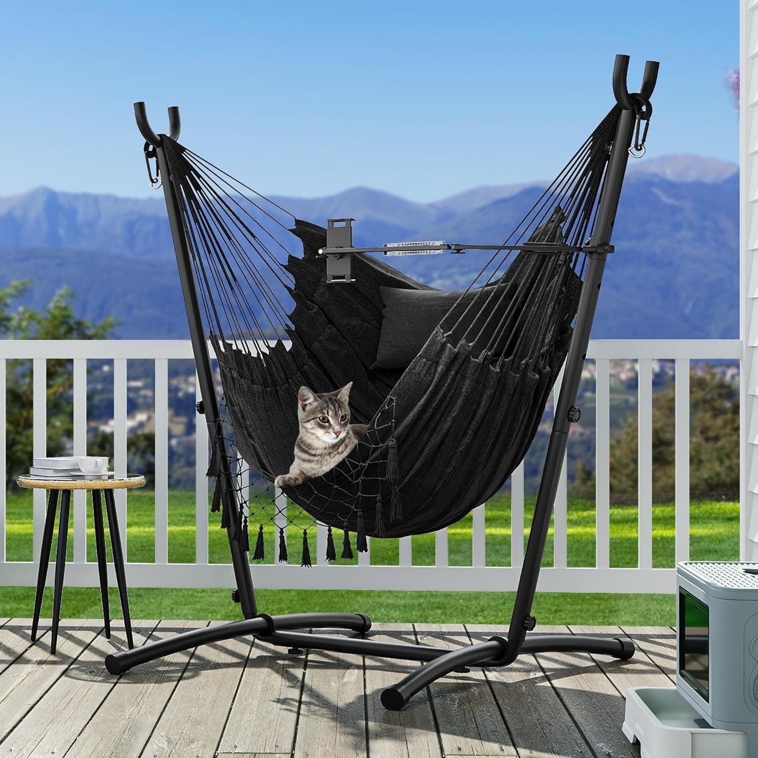 Heavy-Duty Outdoor Hammock Chair with Stand, Adjustable Phone Holder, 158x110x14