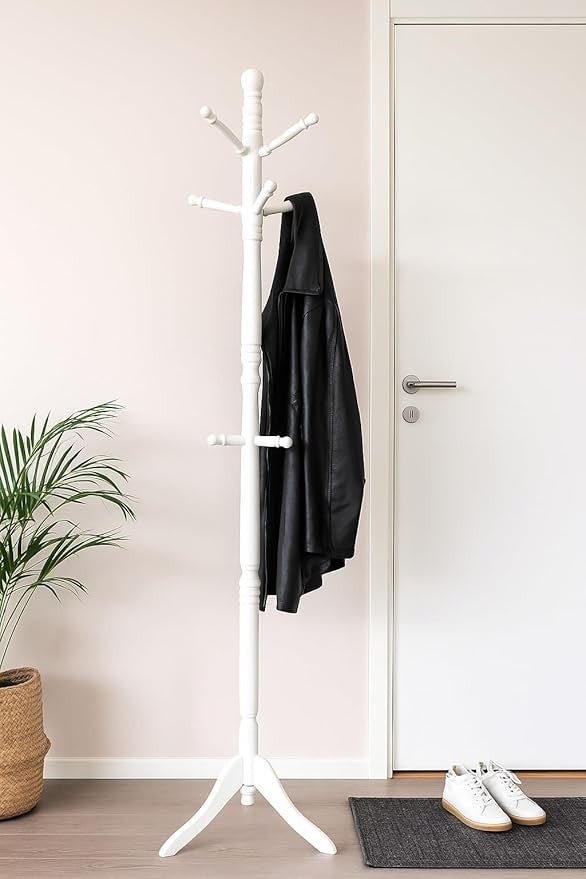 White Wooden Coat Rack Stand with 9 Hooks | Freestanding Solid Wood Hallway