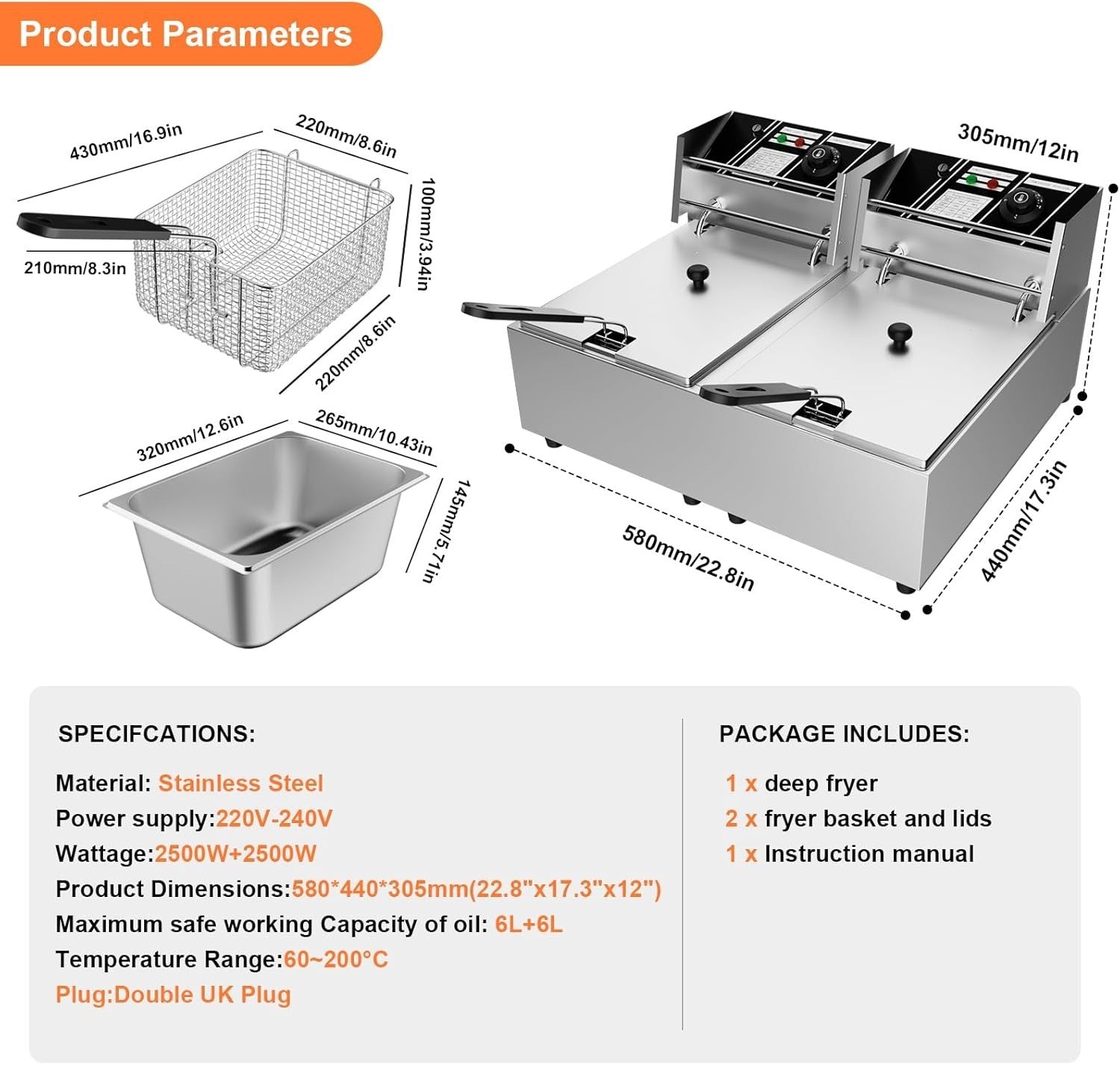 12L Double Deep Fat Fryer 5000W Commercial Stainless Steel Countertop