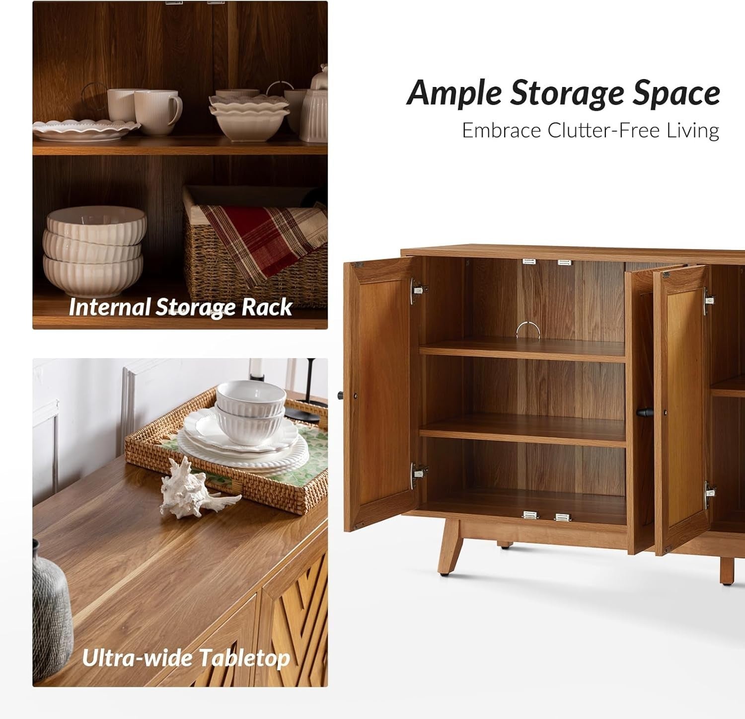 Walnut Sideboard Cabinet Chevron Design Adjustable Shelves Solid Legs