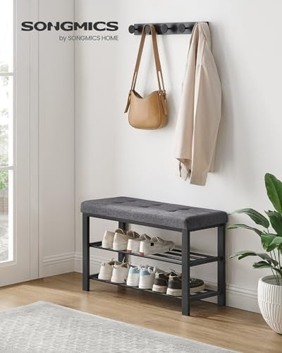 3 Tier Shoe Rack Bench 81cm Padded Seat Metal Frame Grey Black Entryway Storage