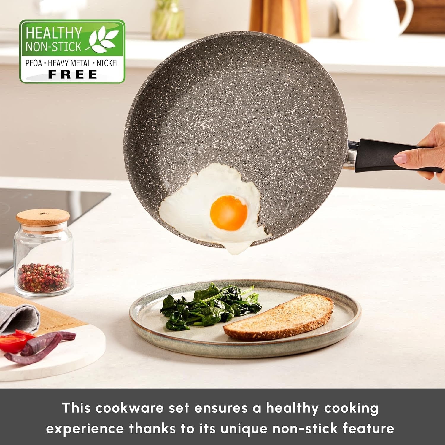 7pcs Grey Granite Non Stick Induction Cookware Set with Lids, PFOA Free