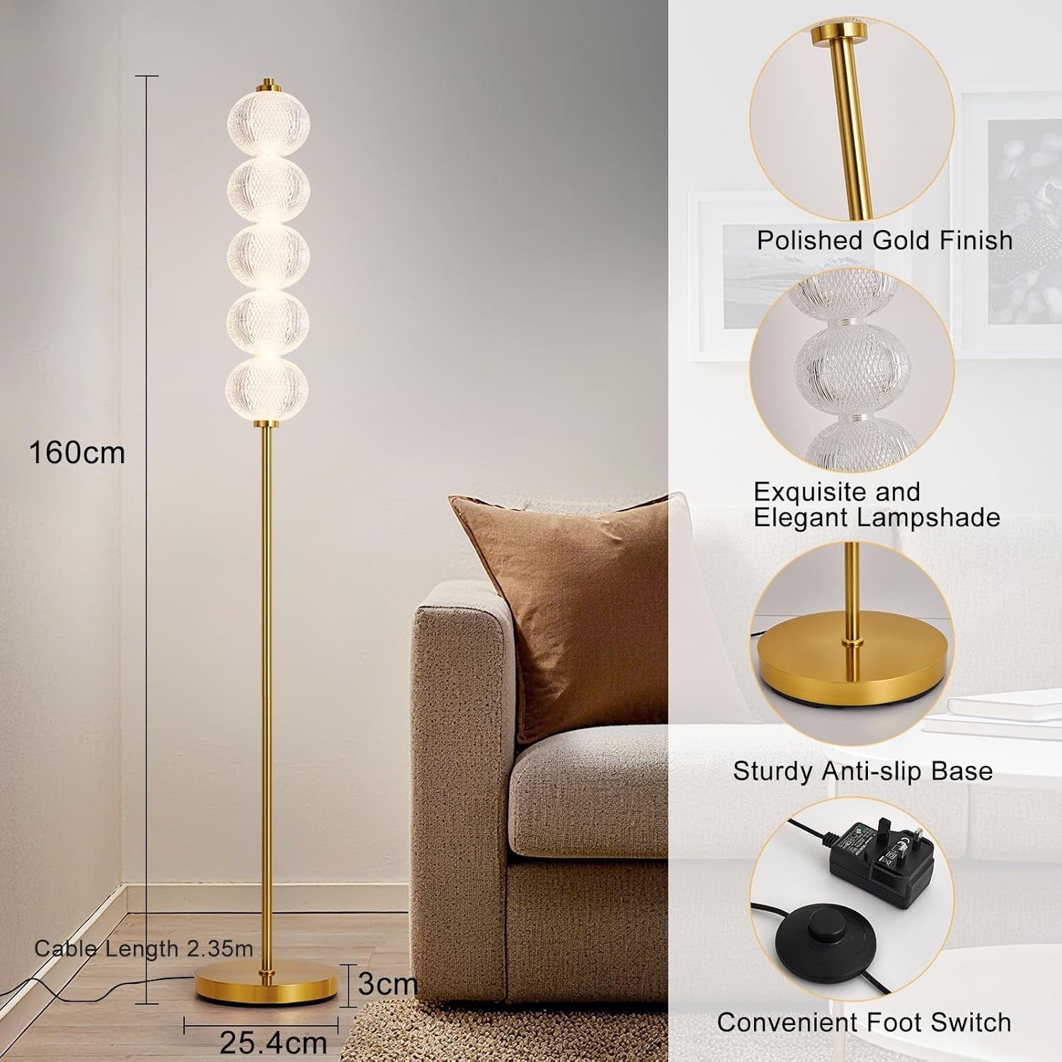 LED Floor Lamp Gold 2400LM Bright Standing Light 3 Colour Temperatures