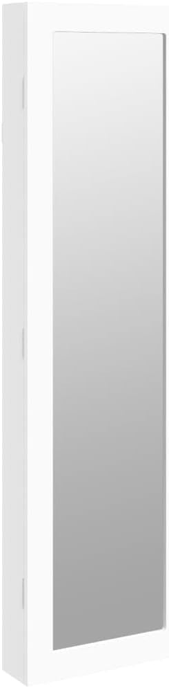 Slim Wall Mounted Jewelry Cabinet Mirror Lockable Vertical Storage White