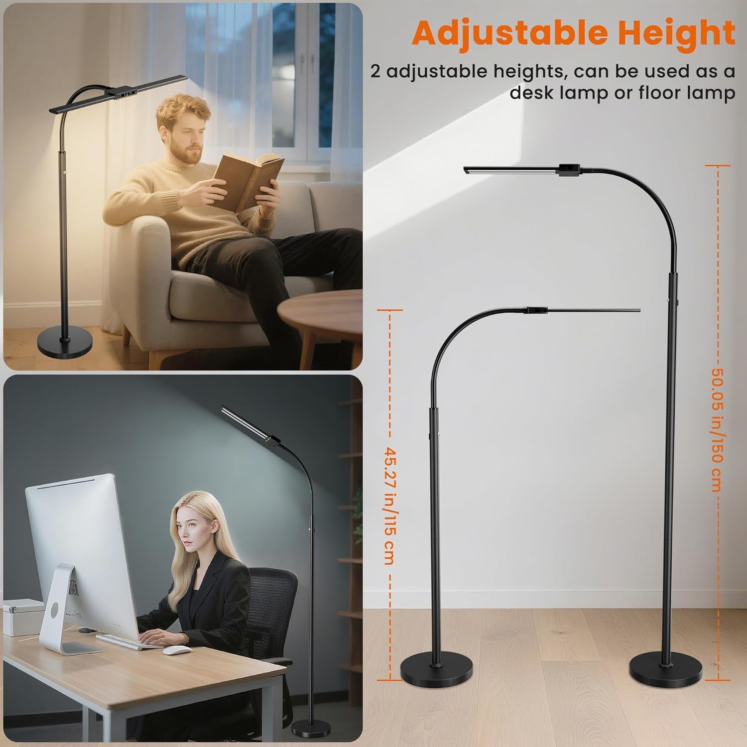 Cordless LED Floor Lamp Black Rechargeable Dual Head Dimmable Reading Light