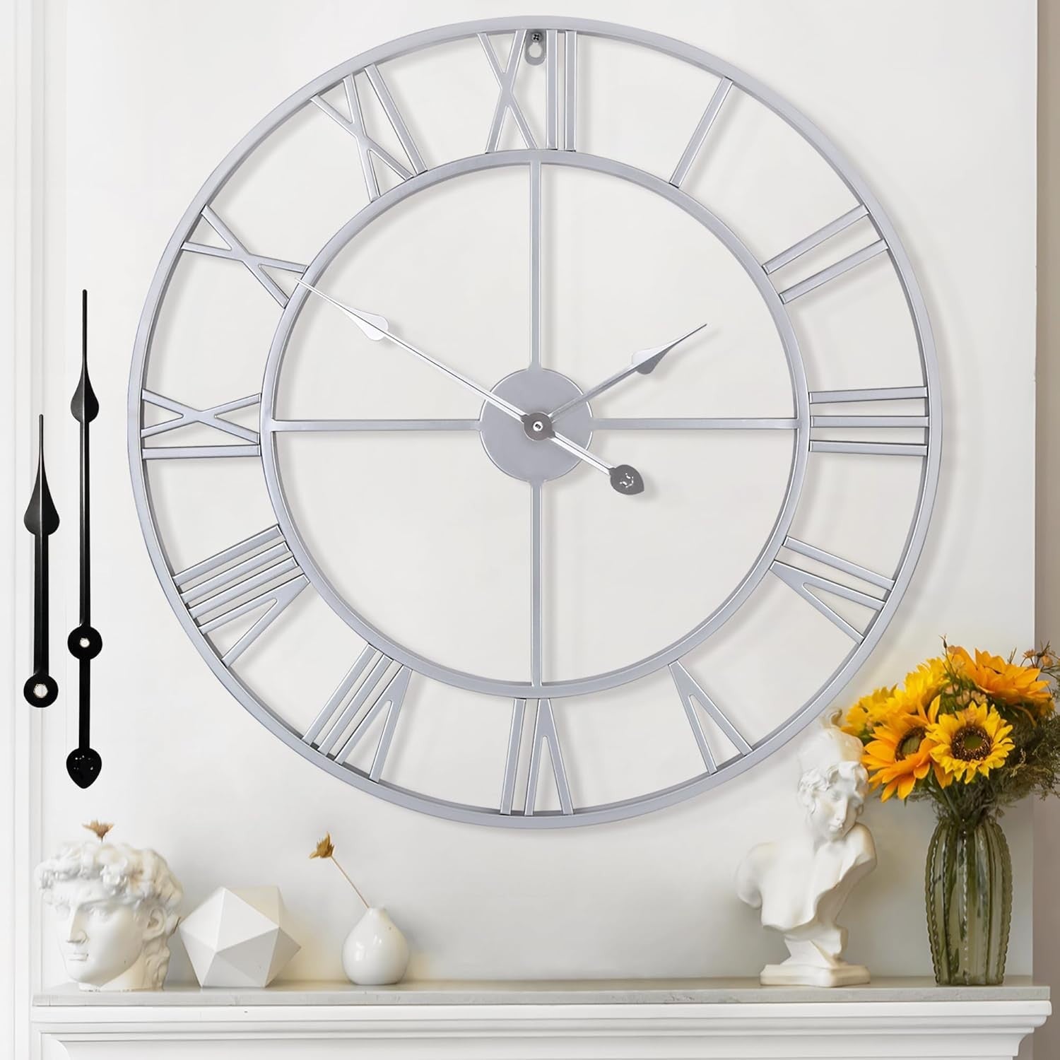 80CM Silent Wall Clock Roman Numerals Large Modern Silver Home Decor