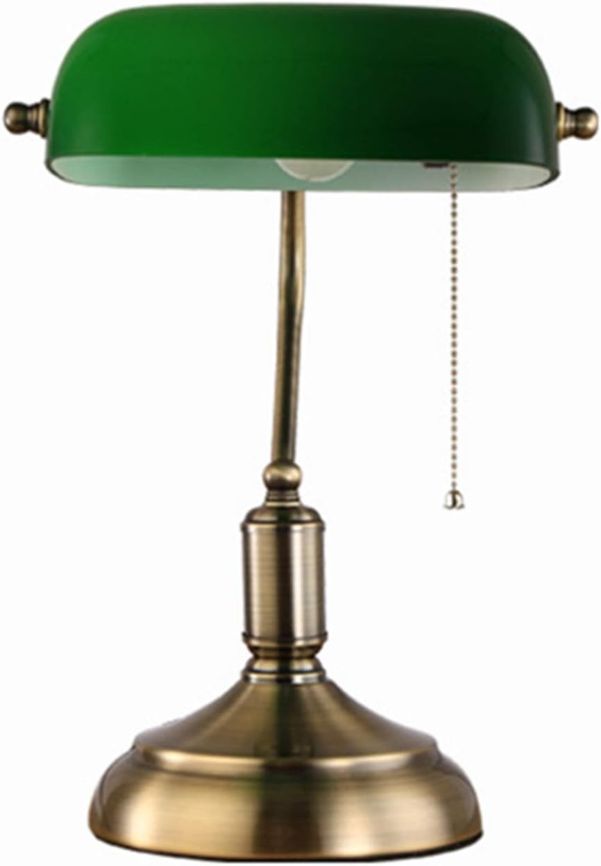Green Glass Bankers Desk Lamp Brass Base Retro Style Adjustable Pull Chain
