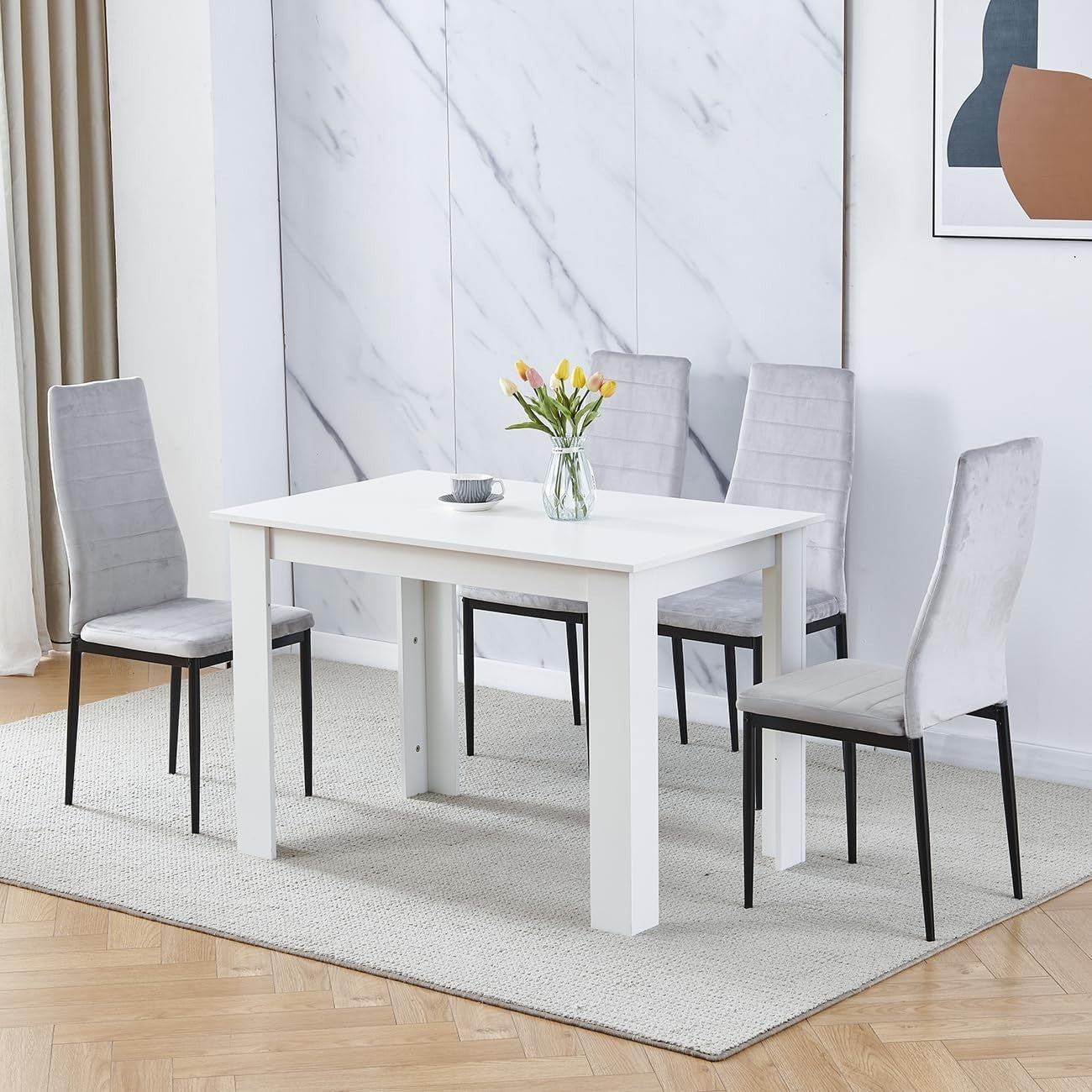 Modern 5-Piece Dining Set White Table Grey Velvet Chairs Compact Kitchen