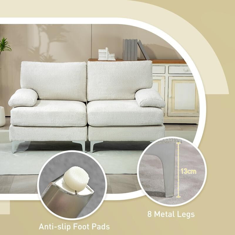 Cream 2 Seater Sofa Chenille Fabric Couch with Cushions Metal Legs Modern