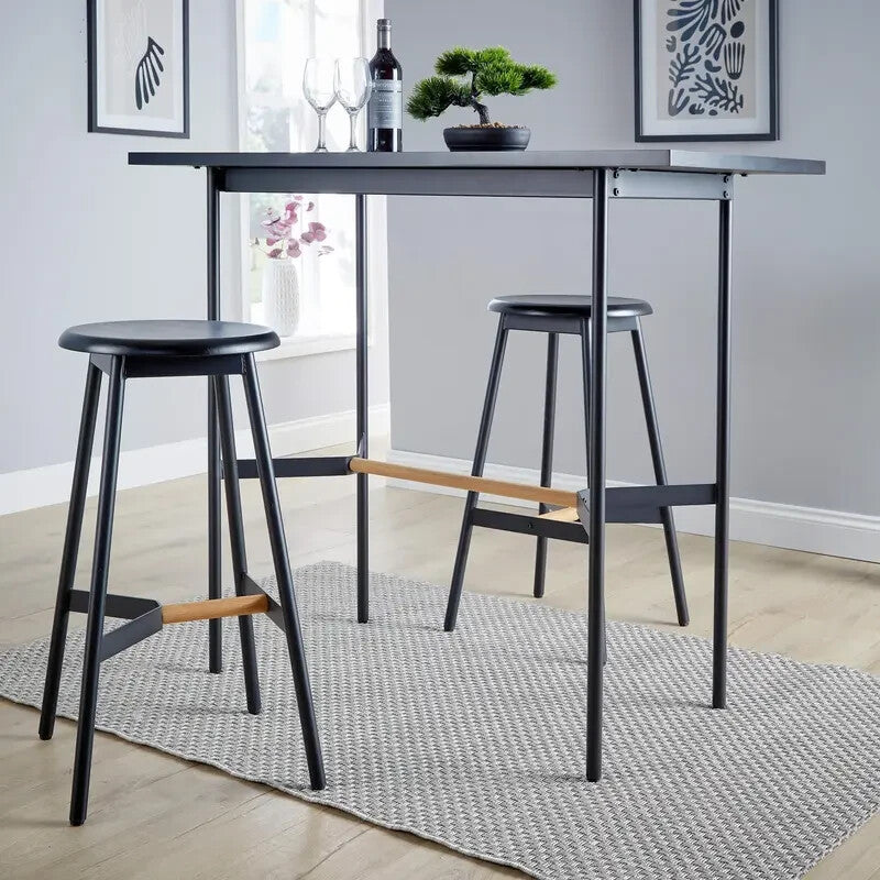 2 Piece Bar Table Set Black Metal Frame with Oak Stools Kitchen Breakfast