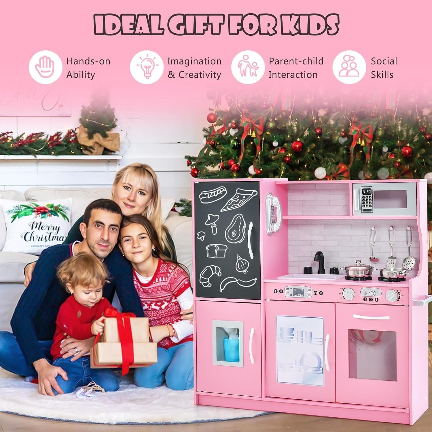 Kids Wooden Play Kitchen Blackboard Microwave Ice Maker Pink Set