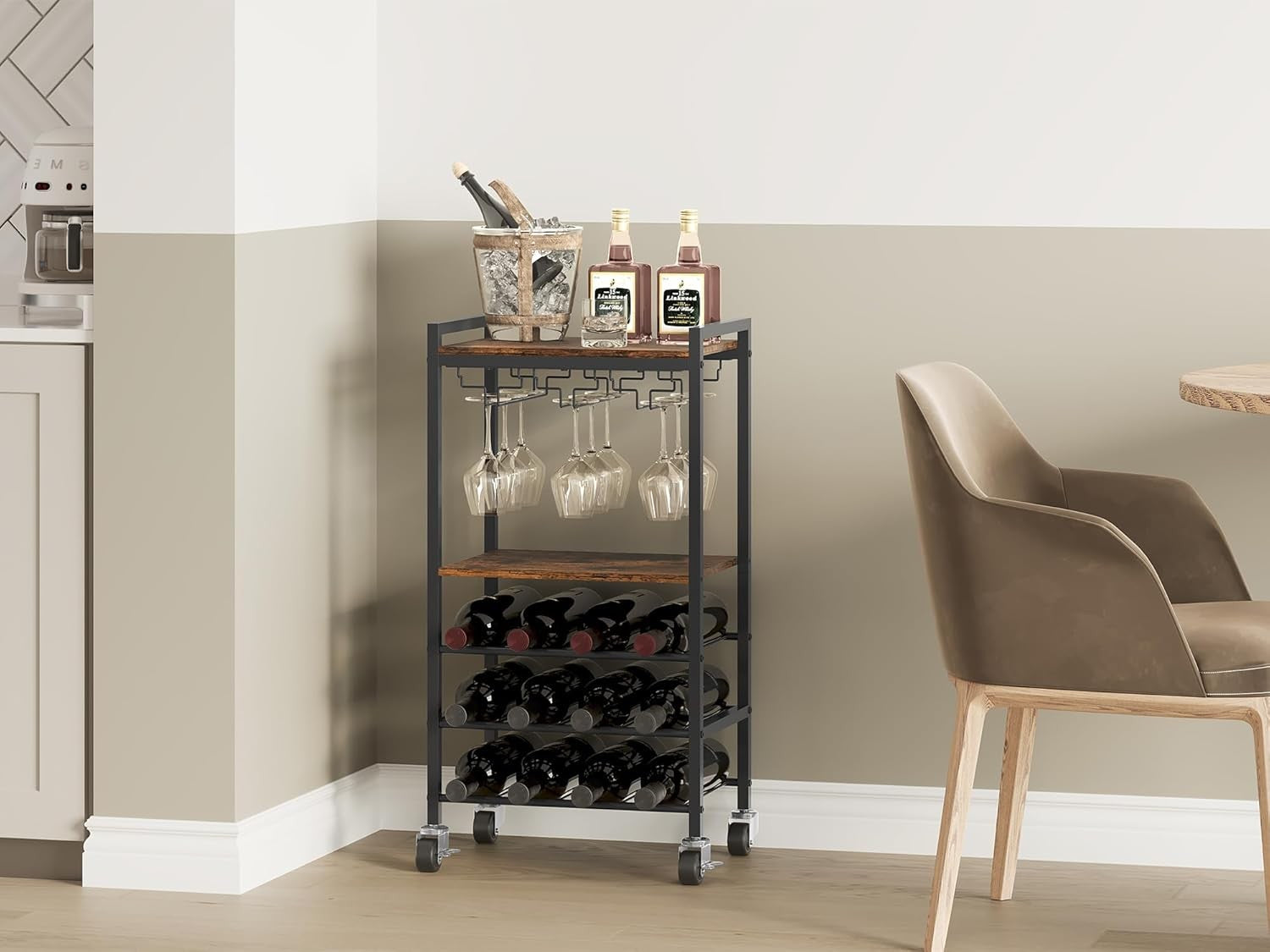 Wine Rack Trolley on Wheels 12 Bottle Bar Cart Glass Holder Drinks Storage