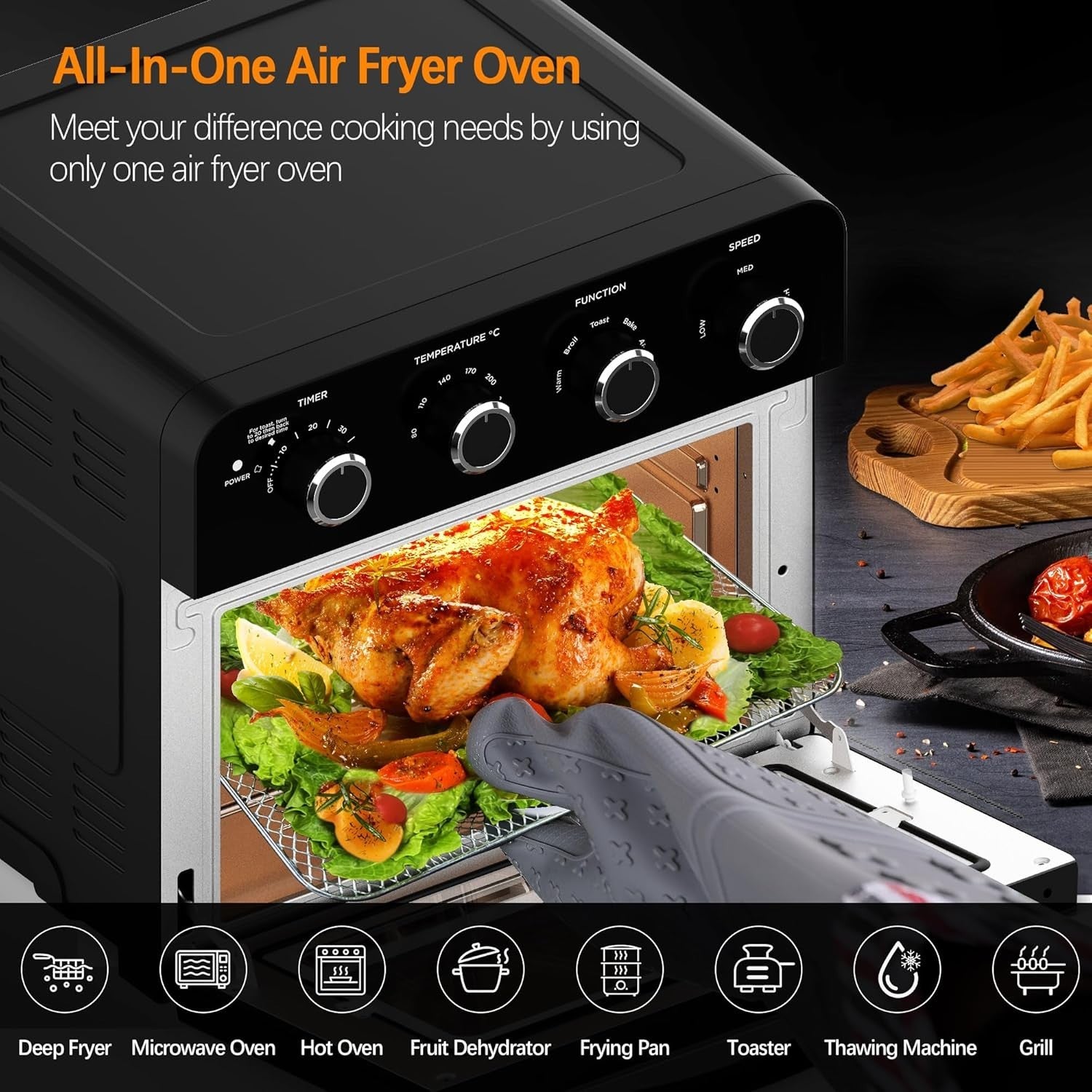 23L Air Fryer Oven Rotisserie 1700W Convection Mini Oven 6 Accessories