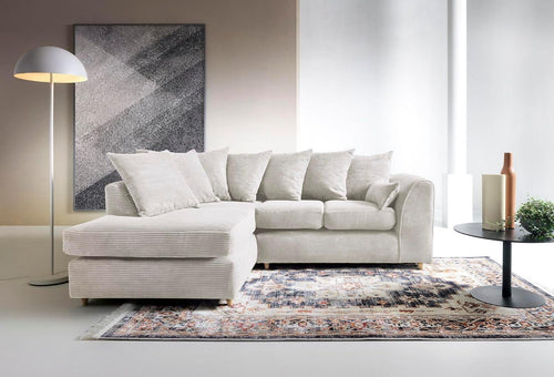White Jumbo Cord Corner Sofa | L Shape Chaise Lounge | Deep Cushions | 4 Seater