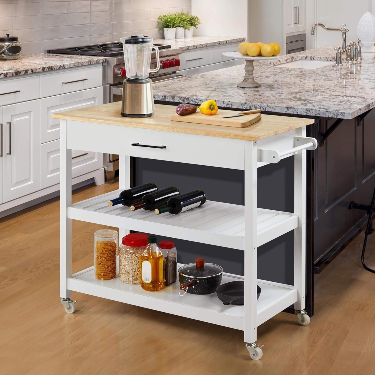 White Rolling Kitchen Island Trolley with Bamboo Worktop, Drawer & Shelves
