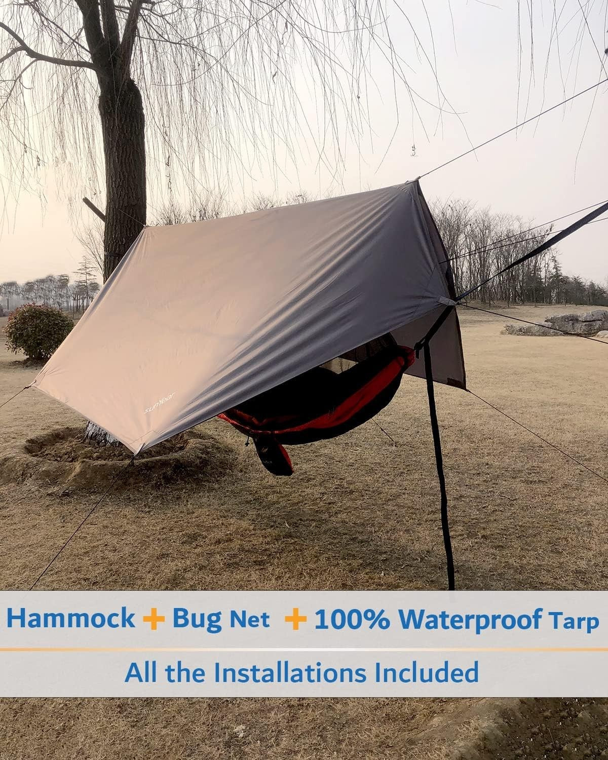 Camping Hammock with Rain Fly & Net | Double Portable Outdoor Hiking Bed