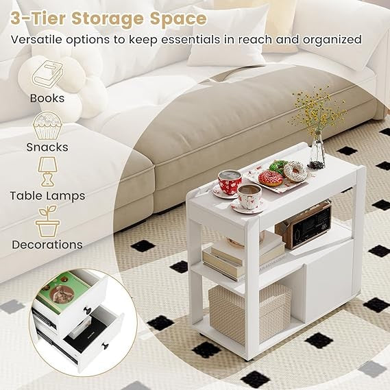 Sleek 3-Tier Rolling Bedside Table with Drawers & Shelves Slim Nightstand White