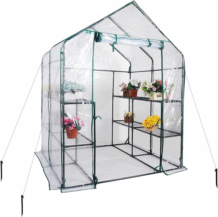 8-Shelf Walk-In Greenhouse 143x143x195cm Clear PVC Cover Outdoor Plant Shelter