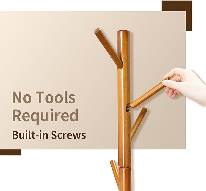 Brown Bamboo Coat Rack Freestanding 8 Hooks | Adjustable Wooden Hall Tree Stand