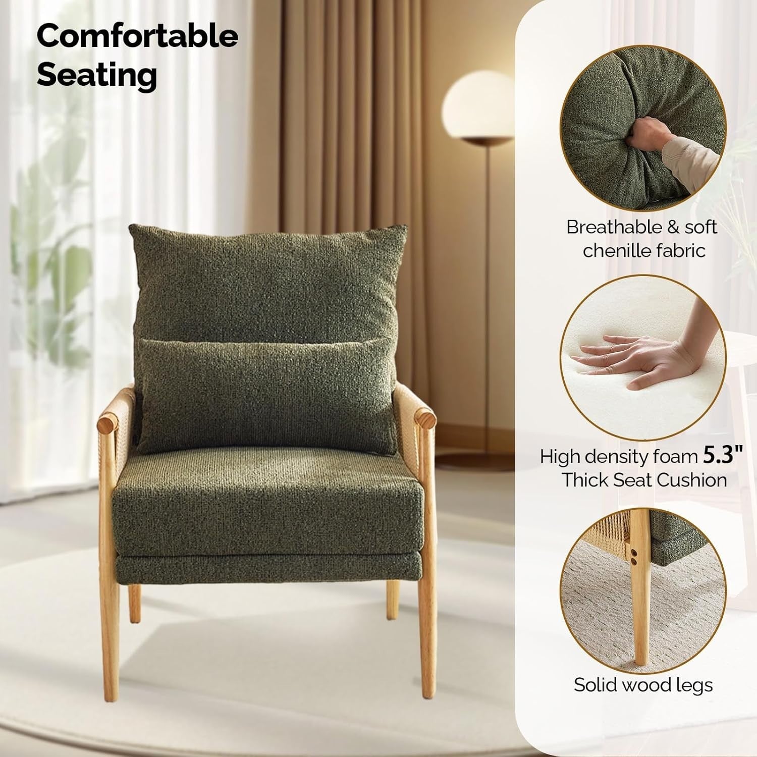 Rattan Accent Armchair Modern Lounge Chair w Pillow Wood Frame Comfy