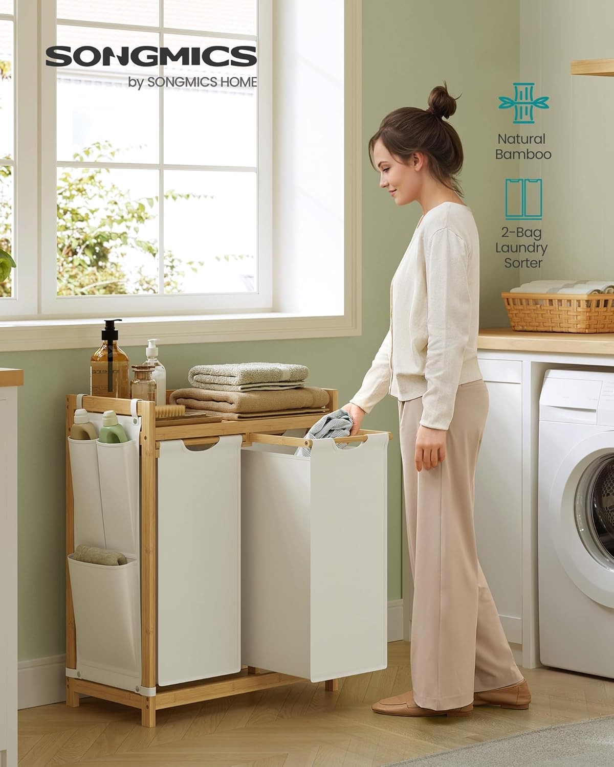 Dual Laundry Hamper with Bamboo Shelf 2 Compartments Sorter 100L Cream
