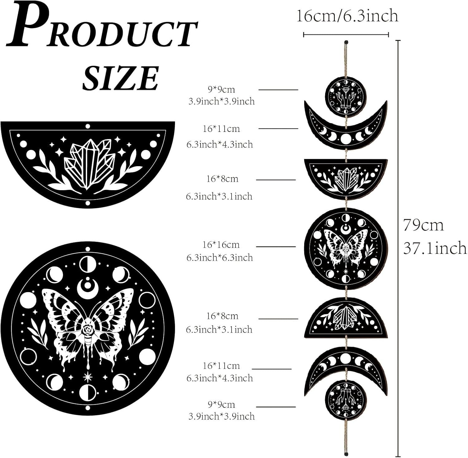 Moon Phase Wall Decor Wooden Boho 7-Piece Butterfly Art