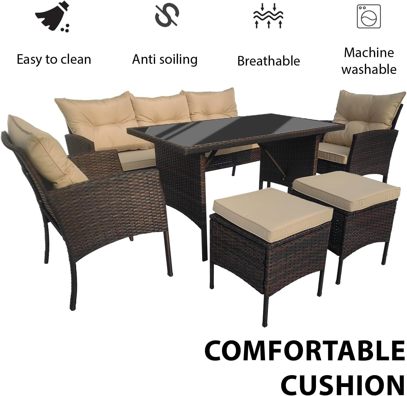 Brown Rattan Garden Furniture Set 6 Seater Cushioned Sofa Outdoor Patio