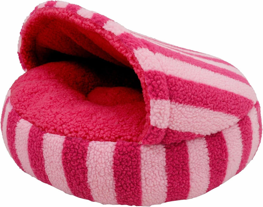 Rosewood Pink Stripe Sherpa Cat Bed Hooded Cave & Lounge 40cm