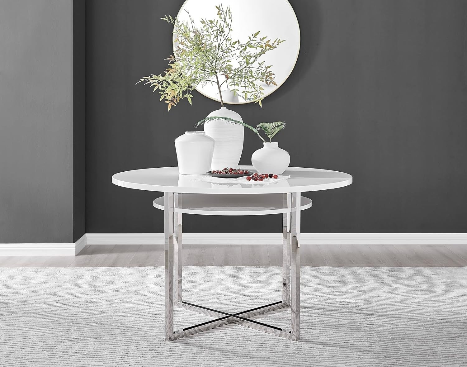 White Round Dining Table High Gloss Chrome Legs Shelf Storage 4 Seater