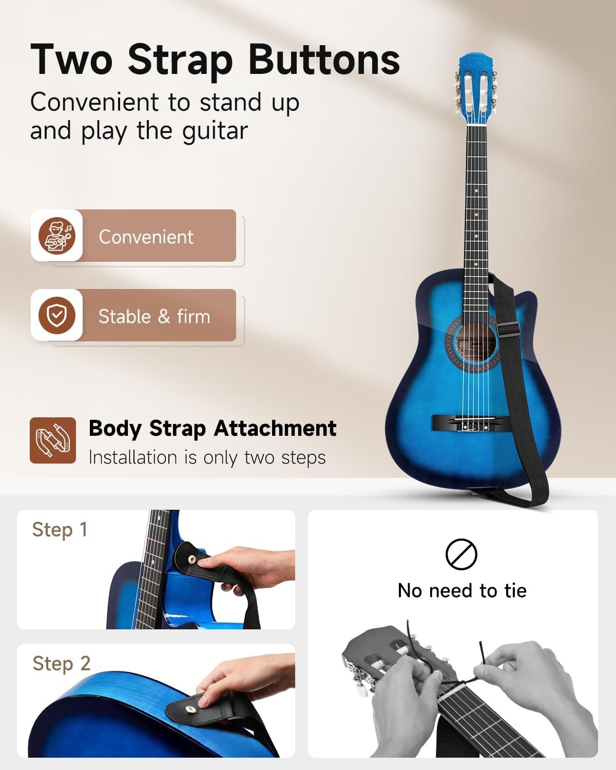 38" Blue Acoustic Guitar Kit Cutaway Nylon Strings w/ Bag & Tuner