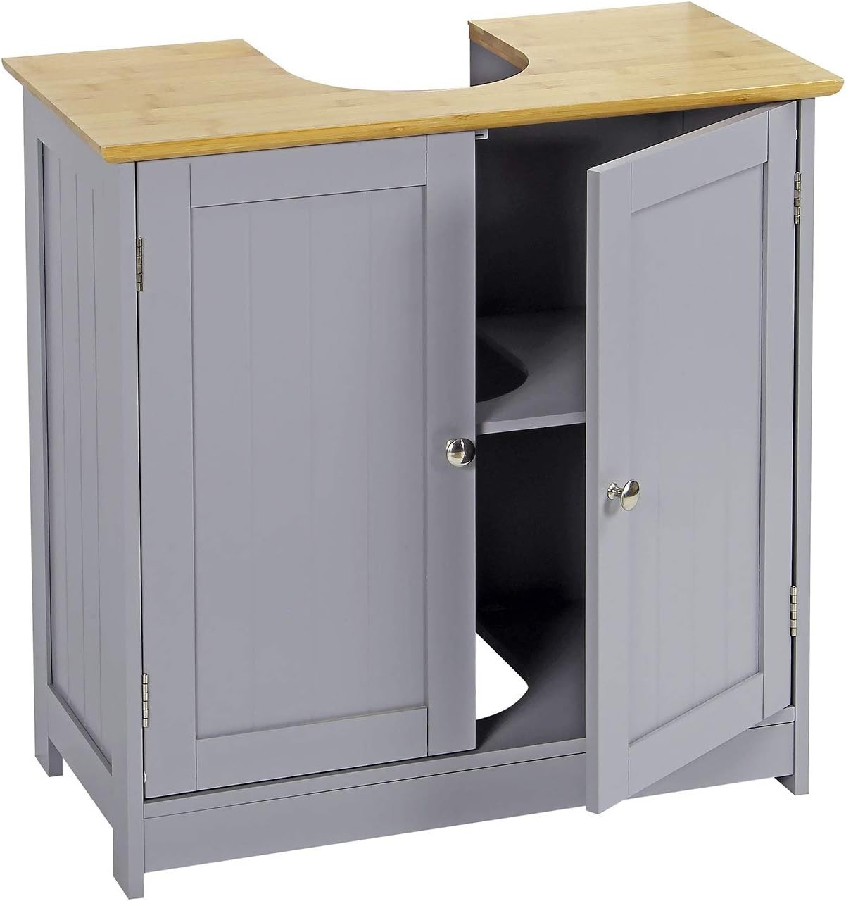Modern Grey Bathroom Vanity Unit Bamboo Top Under Sink Storage Cabinet