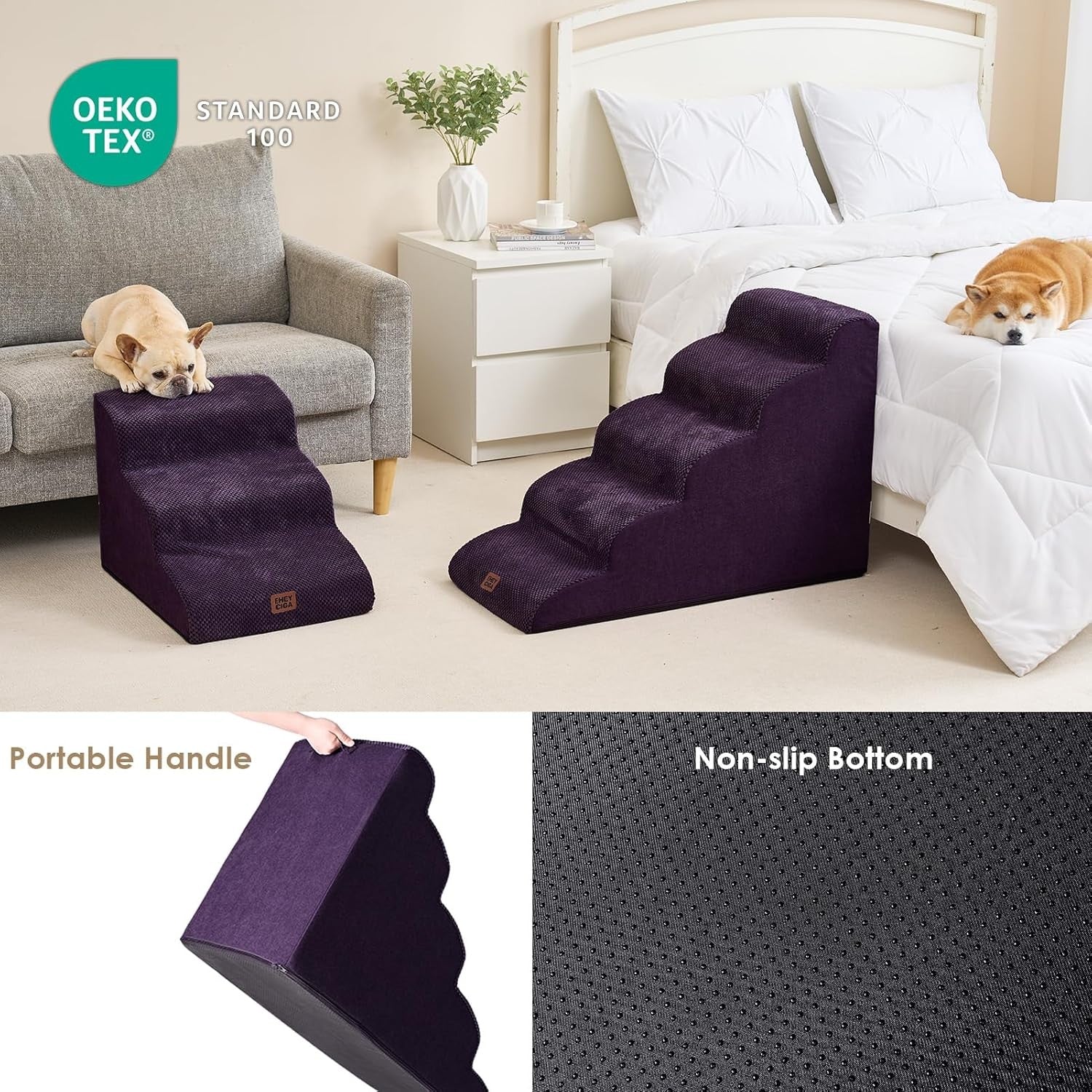 3 Step Dog Stairs for Bed Non Slip Foam Pet Steps Purple