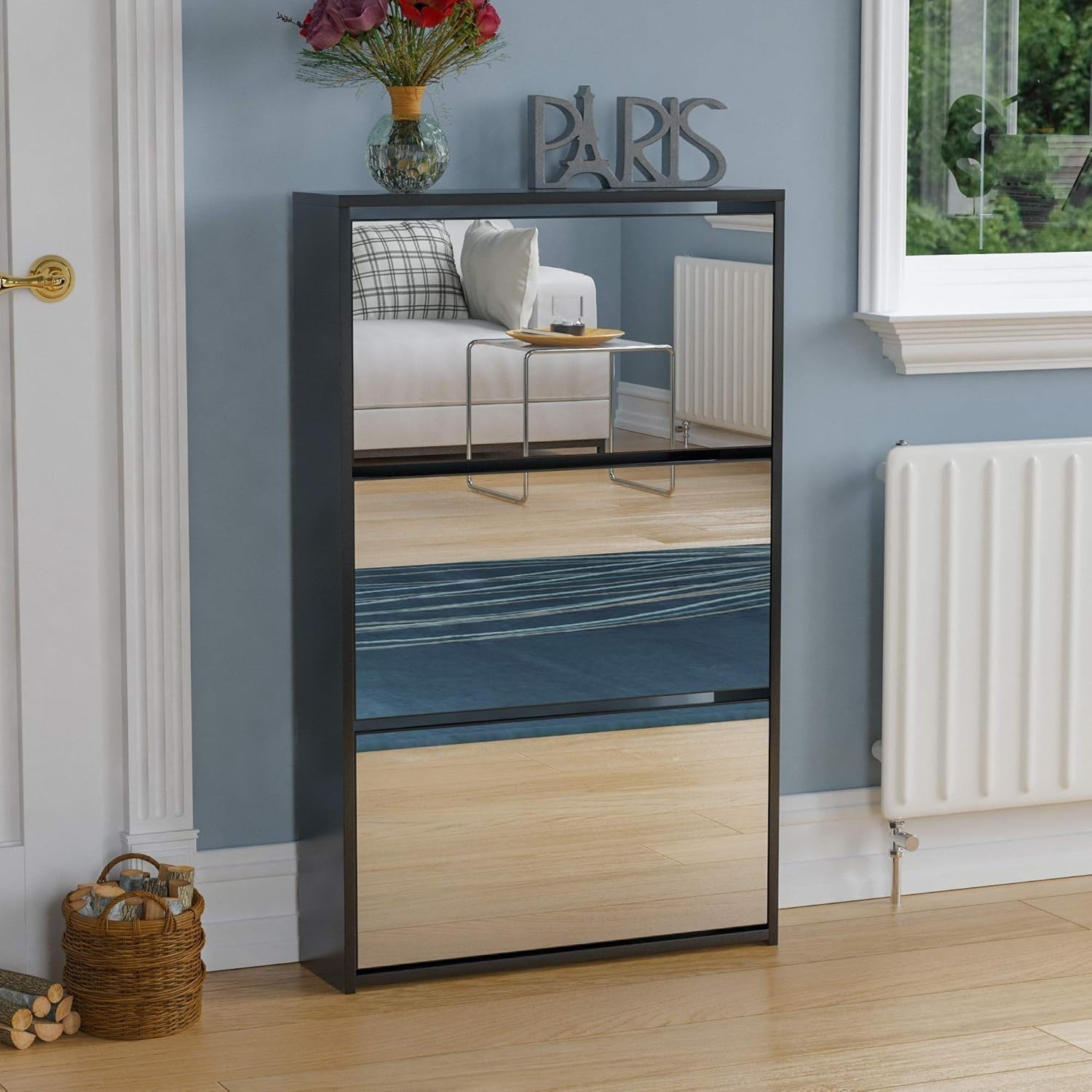 Mirrored 3-Drawer Shoe Cabinet Hallway Storage Unit 62x16.5x100cm Black