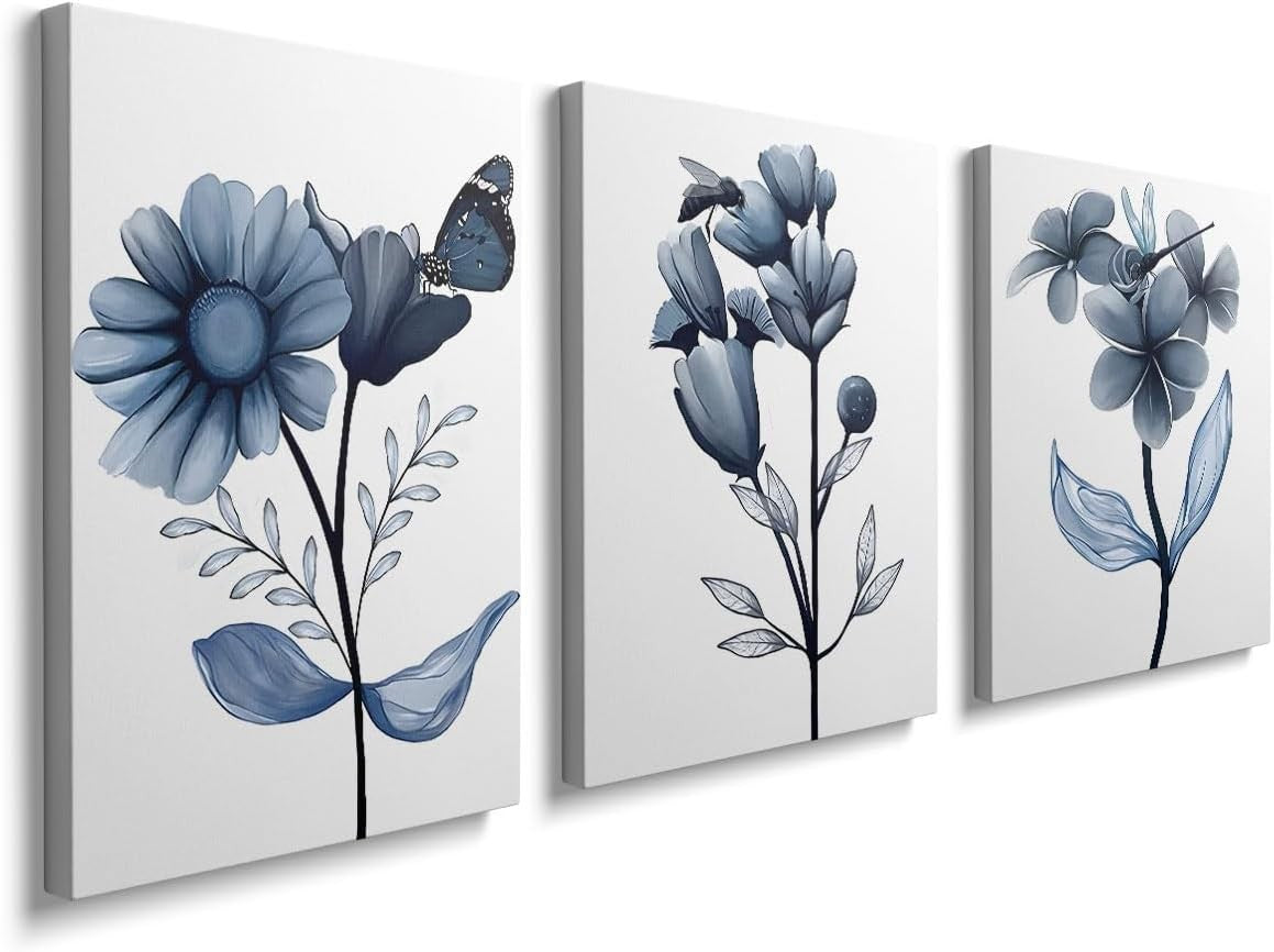 Blue Floral Wall Art Set of 3 Framed Canvas Prints 30x40cm Decor
