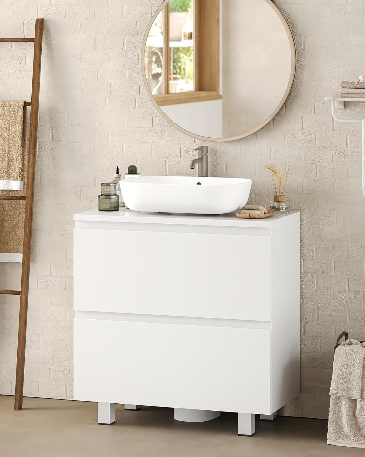 Under Sink Bathroom Cabinet White 60cm Storage Unit with 2 Drawers & Shelf