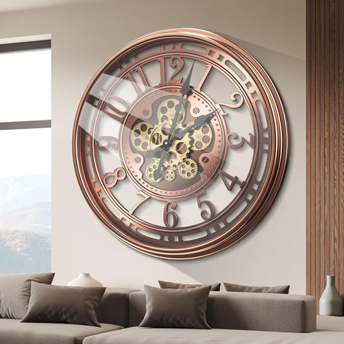 Copper Moving Gear Wall Clock, 21” Industrial Steampunk Metal Decor