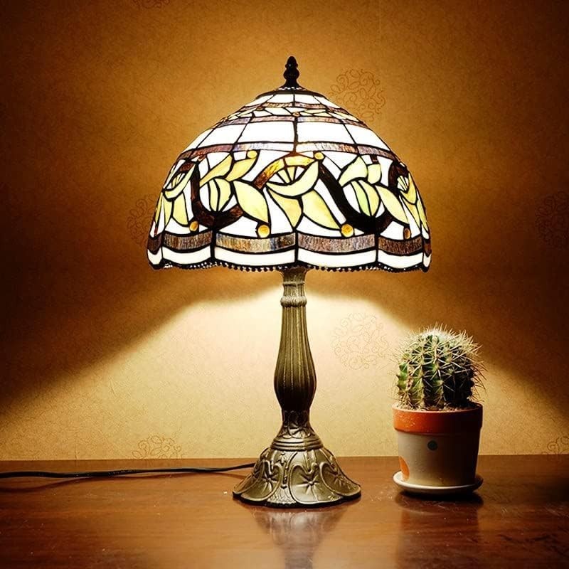 Vintage Stained Glass Table Lamp with Leaf Flower Shade Warm Light