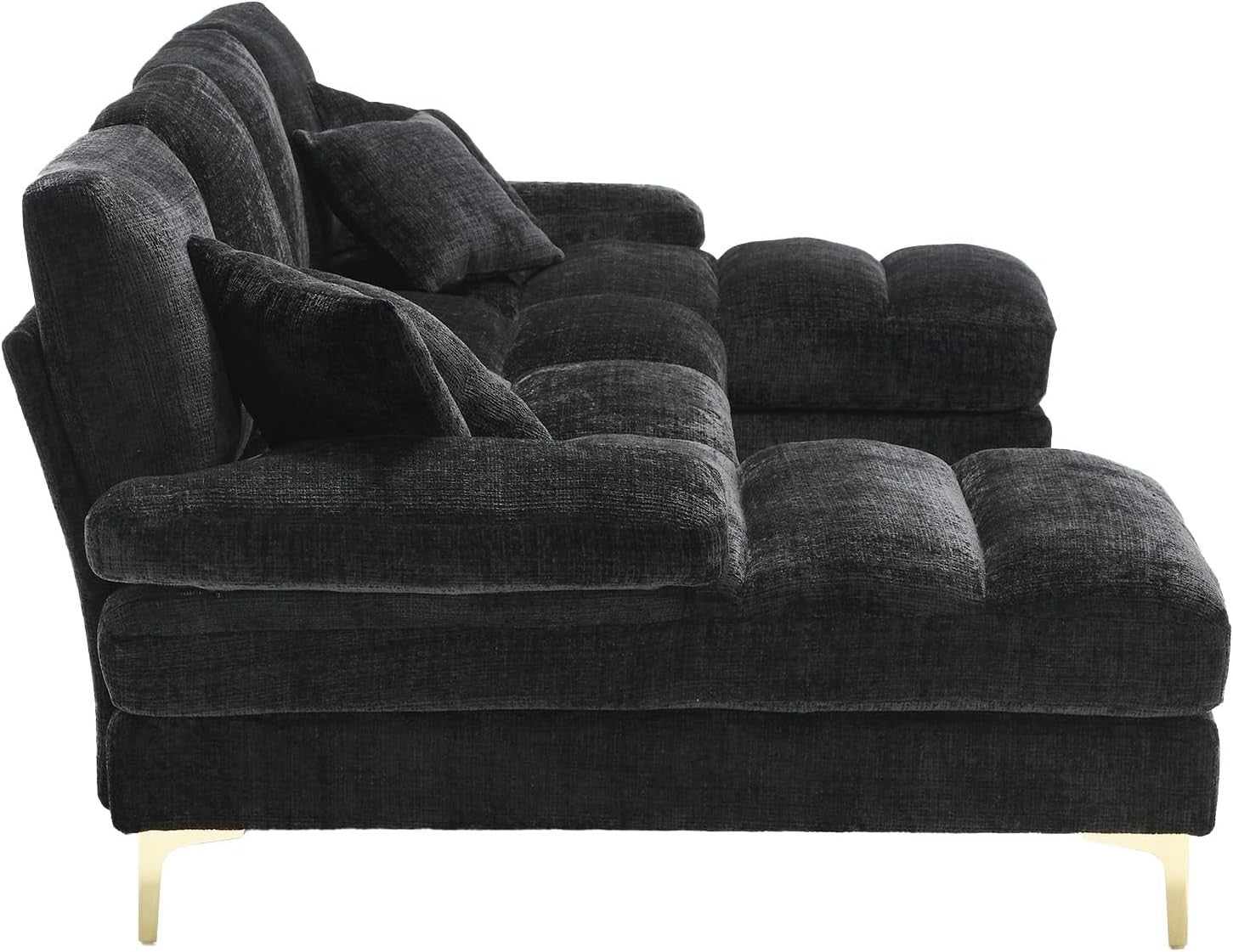 4 Seater U-Shaped Sofa Black Chenille Sectional with 2 Chaise Lounges