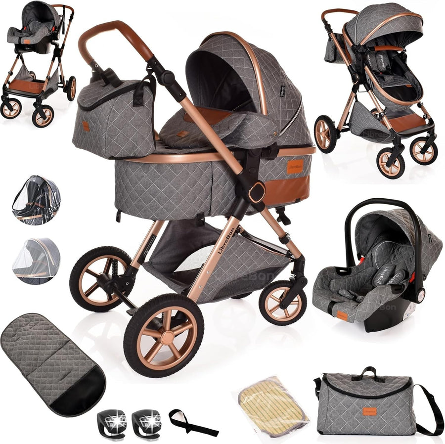 3-in-1 Baby Stroller Pram Pushchair Foldable Lightweight Travel System Grey