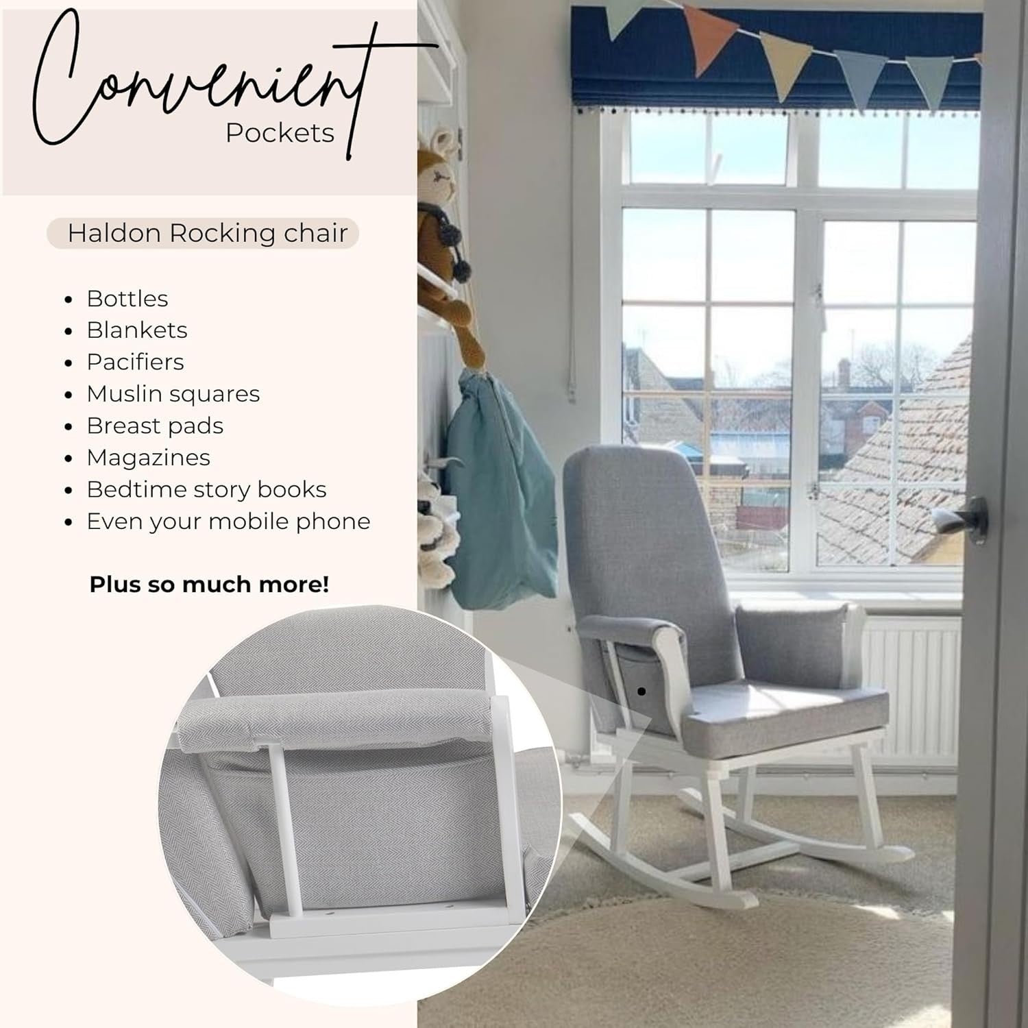 Nursery Rocking Chair Armchair Compact Glider w/ Storage Pockets Grey