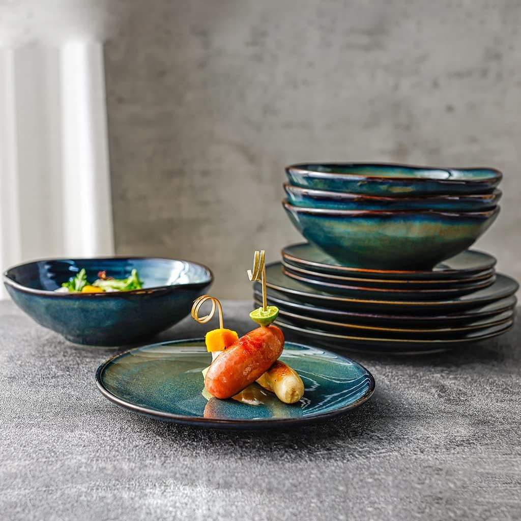 Mediterranean Ceramic Dinnerware Set 12 Piece Blue Green Gold Plates Bowls
