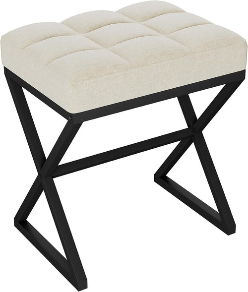 Beige Linen Vanity Stool Square Ottoman X-Leg Metal Footrest Bench 40x30x46cm
