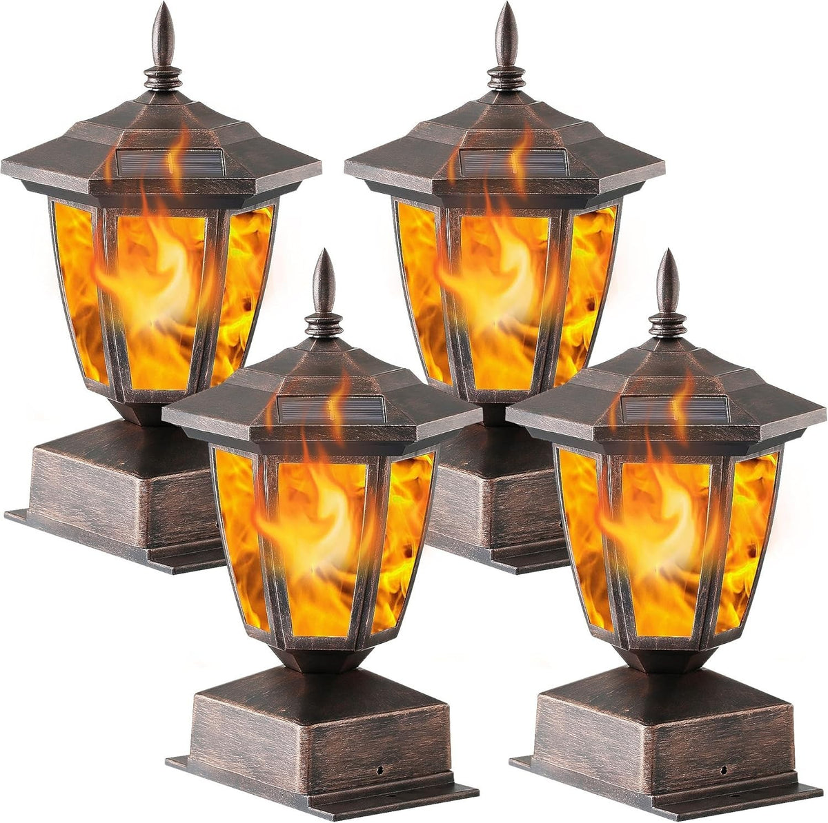 4 Pack Bronze Solar Flame Post Lights LED Outdoor Fence Lanterns