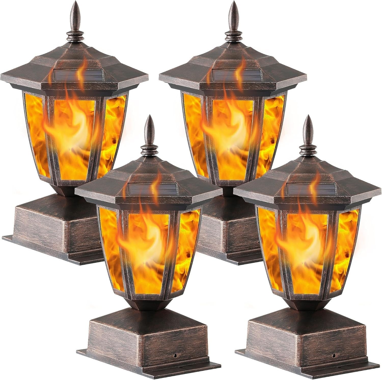 4 Pack Bronze Solar Flame Post Lights LED Outdoor Fence Lanterns