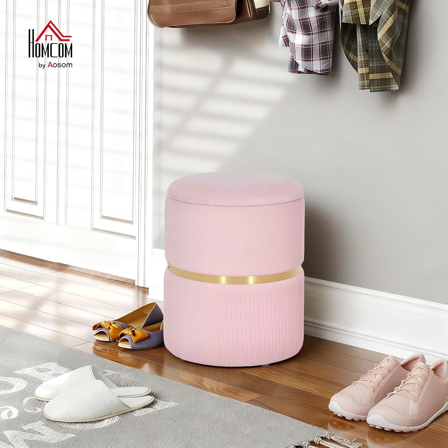 Pink Velvet Storage Stool Round Ottoman Padded Seat Vanity Footstool