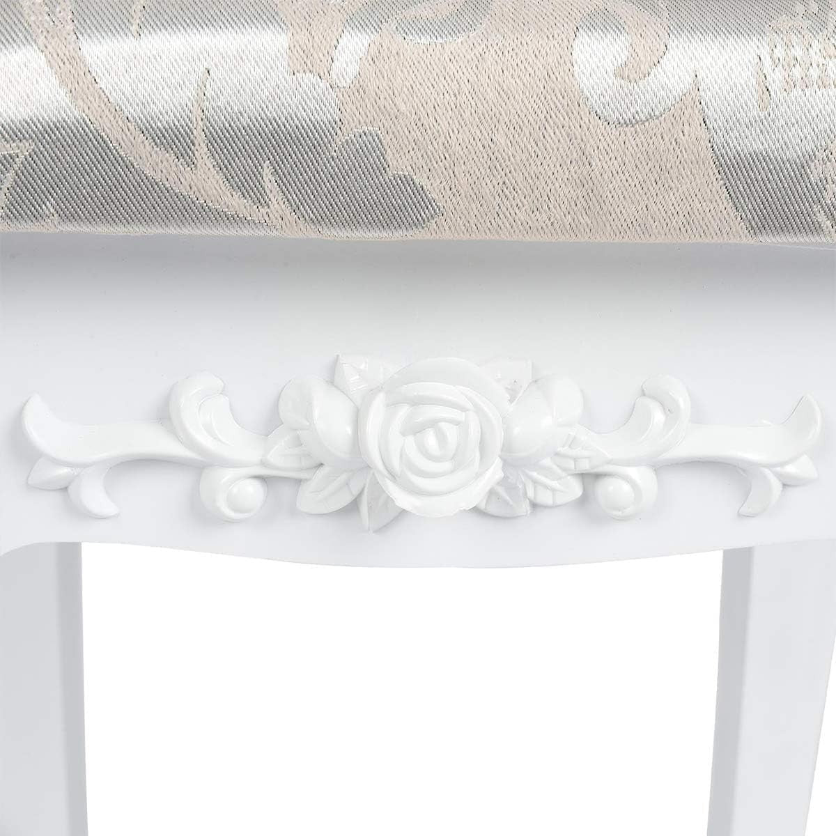 White Baroque Vanity Stool with Rubberwood Legs – Elegant Dressing Chair